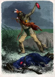 Indien scalpant un soldat. (illustration, vers 1900)