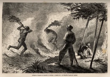 Les Kanaks indigènes allument un feu de savane, qu
