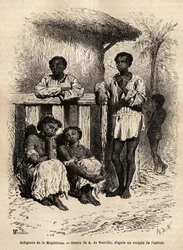Indigènes de la Magdalena (rivières), dans les rues de la ville de Mompox (Colombie). Gravure pour illustrer le voyage en Nouvelle-Grenade, par le Dr Saffray, en 1869, publié dans « Le tour du monde » 1872, édité par Edouard Charton, édition Hachette