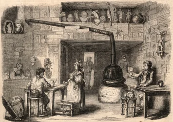 Intérieur du cabaret le Lapin Blanc, rue aux fèves à Paris avant sa démolition. Une taverne datant de la première époque de la monarchie. Gravure dans « Le Monde illustré » de 1862. Collection privée