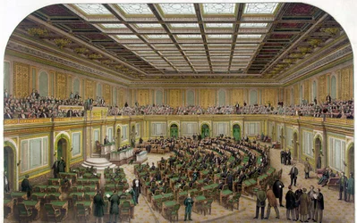 Vue intérieure de la Chambre des représentants du Capitole des États-Unis montrant le Congrès en session et les spectateurs dans la galerie - Gravure de 1866.