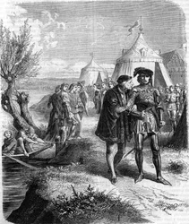 Entrevue entre le roi Louis XI et le comte de Charolais (Charles le Téméraire, duc de Bourgogne (1433-1477) en septembre 1465. Gravure du 19ème siècle
