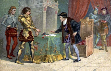 Entrevue de Louis XI (1423-1483), roi de France et Charles le Téméraire, duc de Bourgogne, à Péronne en octobre 1468. Chromolithographie Liebig du 19ème siècle