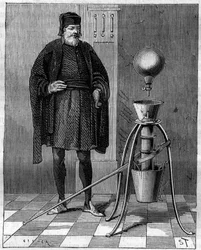 Invention : Machine pneumatique par Otto de Guericke (1602-1686), inventeur allemand. Gravure dans "La Nature"
