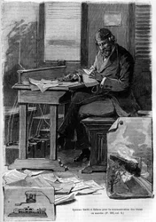Invention du système Smith et Edison pour la communication des trains en marche. Gravure dans le journal « La jeunesse »