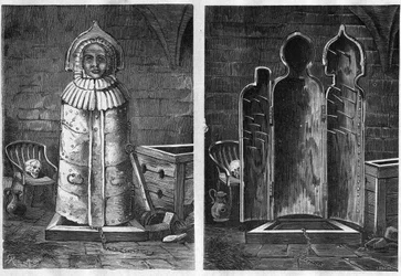 Vierge de fer (instrument de torture) - Vierge de fer ou vierge de Nuremberg, instrument de torture en forme de sarcophage de fer ou de bois (vergine di Norimberga - eiserne Jungfrau) - gravure de 1881