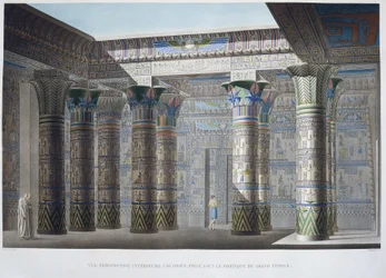 Île de Philae : Vue intérieure colorée prise sous le portique du Grand Temple - dans « Description de l