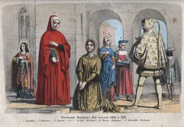 Mode italienne des XIIIe et XIVe siècles - Cenni di Pepo, dit Cimabue (1240-1302) - Francesco Petrarca (Pétrarque) (1304-1374) - Laura de Noves (1310-1348) - Nobles italiens - Femme italienne - Demoiselle italienne - gravure de « Usi e Costumi di Tutti i P
