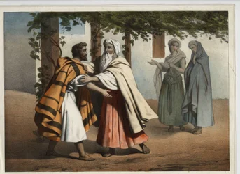 Jacob fuyant la vengeance de son frère Ésaü fut accueilli par Laban. Gravure anonyme du 19e siècle