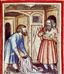 Jacob apprend la mort de son fils Joseph, vendu par ses frères aux Égyptiens. Miniature du codex 212 (ou padovano ou Bible de Padoue) 1390-1400