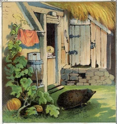 Jacques observe un hérisson traversant la cour de sa maison. Chromolithographie de « Scènes enfantines », éd. Guérin-Muller vers 1885