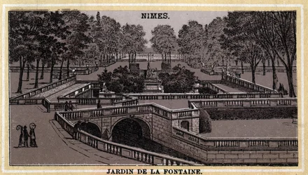 Jardin de la Fontaine à Nîmes (Gard, Languedoc-Roussillon). Chromolithographie de la fin du XIXe siècle