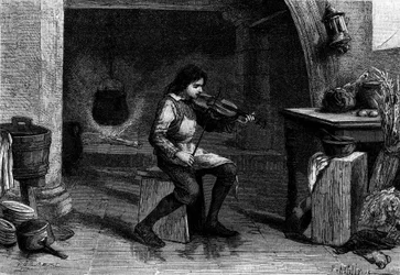 Jean-Baptiste Lully, enfant, jouant du violon dans la cuisine de Mademoiselle de Montpensier. Gravure