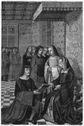 Jean Marot, poète (1463-1526), offrant un volume de poésie à la reine Anne de France. Gravure du 19ème siècle.