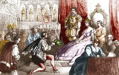 Jean Nicot présentant le plant de tabac à Catherine de Médicis et au grand prieur de la maison de Lorraine. XVIe siècle. Gravure du XIXe siècle