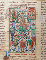 Arbre de Jessé entourant des symboles de virginité. La Vierge est désignée par le nom byzantin de Theotokos. Miniature tirée du « Lectionnaire de Cîteaux » 12e siècle