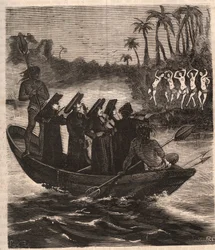 Les missionnaires jésuites arrivent en bateau parmi les Indiens Guarani au Paraguay en 1553 - Gravure de 1879 dans « Histoire des Sociétés Secrètes, Politiques et Religieuses » par Pierre Zaccone (1817-1895)