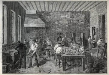 Bijouterie : usine de bijoux en acier. Gravure de 1885 dans "Les arts et métiers illustrés" par Adolphe Bitard.
