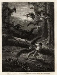 Job (compagnon de voyage du rédacteur), attaqué par des vautours. Gravure pour illustrer le récit Quatre mois en Floride, par M. Pousselgue, en 1851-1852, publié dans « le tour du monde », sous la direction d