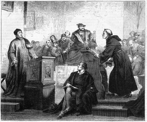 Johann Maier dit Johann Eck (1486-1543), théologien catholique allemand et Martin Luther (1483-1546), théologien protestant allemand et réformateur à Pleissenburg en 1519.