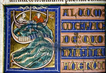 Jonas est jeté à la mer et dévoré par un énorme poisson. Manuscrit du XIVe siècle. Bibliothèque municipale de Vercelli