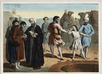 Joseph le Patriarche, vendu par ses dix frères jaloux qui veulent le faire disparaître. Gravure anonyme du XIXe siècle.