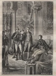 Voyage (1798) de Frédéric Conrad (Konrad) Hornemann (1772-1801) au Fezzan (Libye) : Hornemann est accueilli par Bonaparte au Caire (Égypte) - illustration tirée de « Les Grands Marins du XVIIIe siècle »
