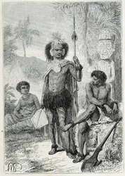 Voyage du capitaine James Cook (1728-1779) : indigènes des îles Marquises - illustration tirée de "Les grands marins du XVIIIe siècle"