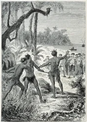 Voyage du Capitaine James Cook (1728-1779) en Nouvelle-Guinée : la première rencontre avec les indigènes, illustration tirée de « Les Grands Marins du 18ème siècle »