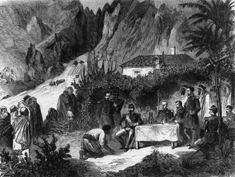 Voyage de Napoléon III, empereur des Français, en Algérie. Septembre 1860. Napoléon III déjeune à la crique des singes et reçoit Barka. Gravure de 1865.