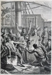 Voyage de Samuel Wallis (1728-1795) en Polynésie : indigènes étonnés par un miroir - illustration tirée de "Les grands marins du 18e siècle"
