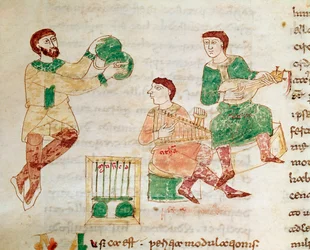 Jongleur et musiciens de cour (miniature, 9e siècle)