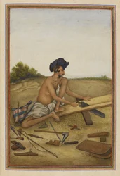 Khati ou Tarkhan, caste de charpentiers du Panjab. Homme sciant une planche.