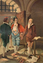 Le roi Henri III avec Bernard Palissy (1510 - 1589). Chromolithographie de la fin du XIXe siècle. d
