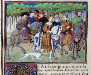 Roi et Reine allant à la chasse (Philippe VI de Valois et Blanche de Navarre (?)) Miniature du "Livre de la chasse" de Gaston III Phoebus, Comte de Foix, Seigneur de Béarn (1331-1391)