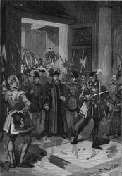Le roi de France Henri II, au centre, ordonnant à son connétable de saisir les conseillers. Gravure du 19e siècle. Dans « Histoire de France » de Jules Michelet