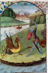 Chevaliers de la Table Ronde: Lancelot combat le dragon. Miniature du manuscrit Le roman de Lancelot du Lac
