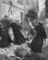 La Fronde (27 août 1648) - barricades à Paris : un garçon roturier menaçant le Président du Parlement, Mathieu Molé (1584-1656). Gravure du XIXe siècle. Dans « Histoire de France » par Jules Michelet