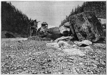 La catastrophe de Saint-Gervais ou catastrophe du glacier de la Tête Rousse (Haute-Savoie) (12-13 juillet 1892) - Bains de Saint-Gervais après la catastrophe avec les énormes blocs transportés par le torrent, Gravure dans « La Nature »