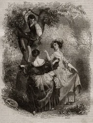 La cueillette des cerises - Illustration pour « Les Confessions » de Jean-Jacques Rousseau (1712-1778) - gravure de 1849