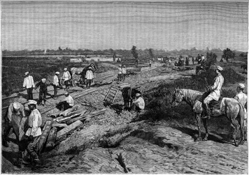 La pose des rails du chemin de fer Transcapien. Gravure dans le journal « La jeunesse »