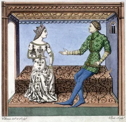 Lancelot et Guenièvre en conversation - extrait de Lancelot du lac, basé sur un document de 1370