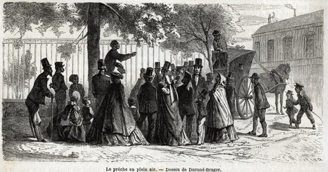 Le prêche en plein air, à Londres, dessin de Durand Brager, pour illustrer une excursion dans les quartiers pauvres de Londres, en 1862, par L. Simonin. Gravure dans "Le tour du monde", édité par Edouard Charton