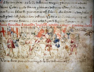 Ligue des Français, des Anglais, des Allemands et des Hongrois contre les Turcs en 1391 - dans les « Croniche del Sercambi », vers 1400. Archives nationales, Lucques.