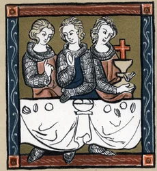 Légende arthurienne : Galahad (Gaalad ou Galaad), Perceval et Bohort (Bors ou Borrt) avec le Saint Graal. Dans « Geschichte der Französischen Literatur » par Hermann Suchier