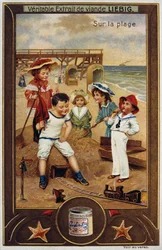 Carte Liebig représentant des enfants français sur la plage 1890