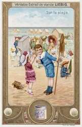Carte Leibig représentant des enfants français sur la plage 1890