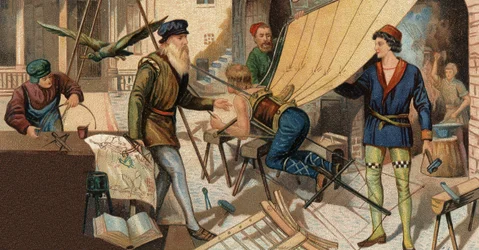 Léonard de Vinci (1452-1519) expérimentant sa machine volante. Chromolithographie du 19ème siècle.