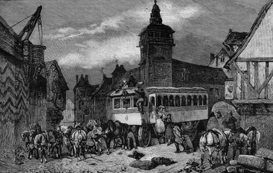 Les Omnibus de Paris au XIXe siècle : la voiture à 60 places - gravure de 1892