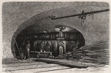 Les égouts de Paris: courbure de la conduite près du pont Saint-Michel, place du Châtelet - Gravure dans « Le Monde Illustré »
